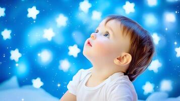 Whimsical Child Gazing Upwards at Sparkling Night Sky photo