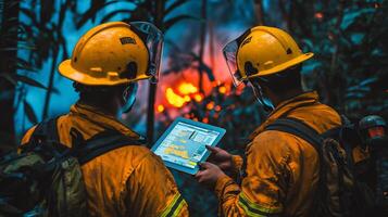 Firefighters Battling Wildfire in Forest with Protective Gear and Equipment photo