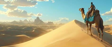 Lone Camel Rider Traversing Vast Desert Landscape at Sunset photo
