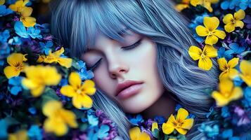 Peaceful and Ethereal Female Portrait Amidst Vibrant Spring Blooms photo