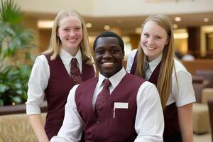 Diverse group of young professionals in business uniforms smiling and posing together in a professional setting photo