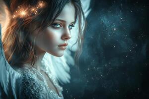 Captivating Celestial Maiden Glowing Mystical Woman in Starry Cosmos photo