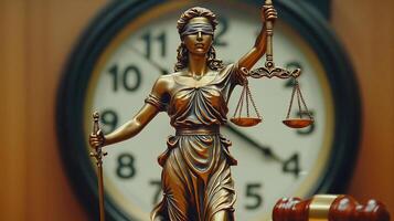 Allegorical Statue of Justice with Scales and Sword on Clock Background photo
