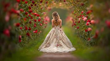 Enchanting Floral Dress in Serene Garden Fairytale Setting photo