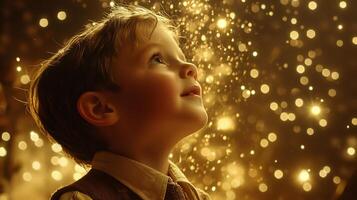Young Boy in Awe of Magical Sparkling Lights and Fireworks Filling the Night Sky photo