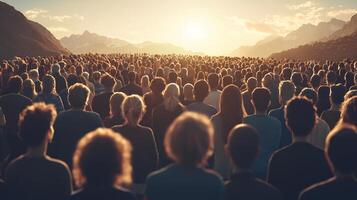 Vast Crowd Gathered at Scenic Mountain Landscape with Sunlight Shining photo