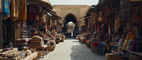 Colorful Moroccan Souk Marketplace with Traditional Crafts and Goods for Sale photo