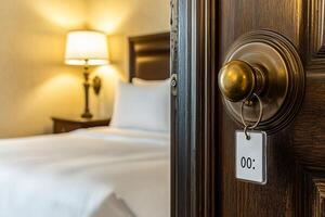 Cozy and Inviting Hotel Room With Key Tag on Ornate Wooden Door photo