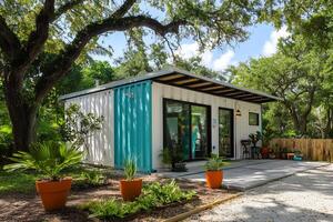Cozy Wooden Tiny House Surrounded by Nature in Lush Garden Landscape photo