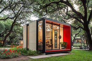 Cozy Prefab Tiny Home Cabin Nestled in Lush Green Landscape photo