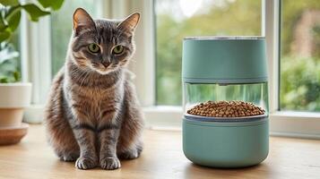 Cute Tabby Cat Sitting on Window Sill Next to Feeding Bowl photo