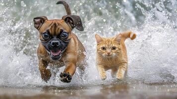 Energetic Canine and Feline Chasing Through Splashing Waves photo