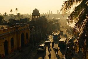 Enchanting Middle Eastern City Skyline with Domes Minarets and Palm Trees photo
