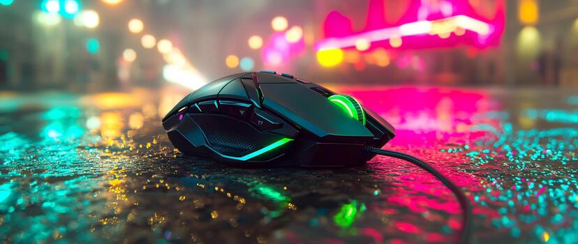 Illuminated Gaming Mouse on Colorful Cyberpunk Inspired Surface photo