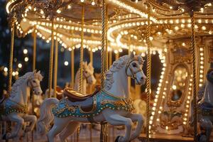 Illuminated Fairground Carousel Spinning With Colorful Lights At Night Evoking Nostalgic Festive photo