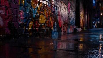 Illuminated Alleyway with Vibrant Graffiti Art Reflecting in Puddles on a Rainy Moody Night photo