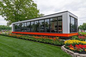 Innovative Glass Enclosed Garden Center with Vibrant Floral Displays photo