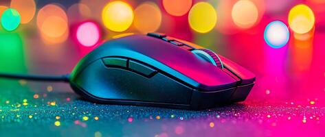 Colorful Illuminated Computer Mouse on Dazzling Desk Setup photo