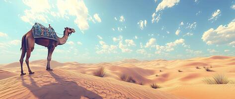 Camel Caravan Crossing Vast Sahara Desert Landscape Under Cloudy Blue Sky photo