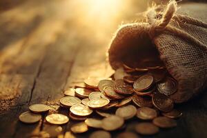 Burlap Sack Full of Shiny Gold Coins on Rustic Wooden Surface photo