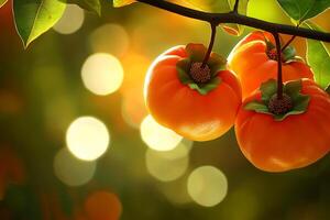 Close up of ripe orange persimmons hanging on tree branch with autumn leaves photo