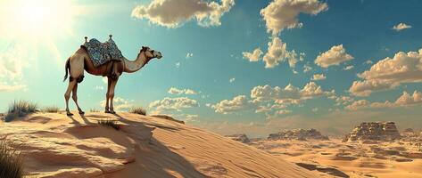 Solitary Camel Crossing Vast Desert Sand Dunes at Sunset photo