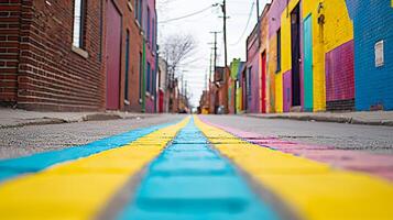 Vibrant Alleyway with Colorful Brick Buildings and Geometric Patterns photo