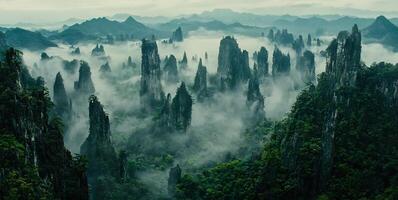 Misty Mountainous Landscape Shrouded in Ethereal Fog and Haze photo