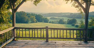 Scenic Overlook with Wooden Balcony Framing Picturesque Countryside Landscape photo