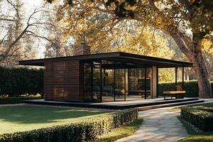 Serene and Minimalist Modern Glass House Surrounded by Lush Garden Landscape photo
