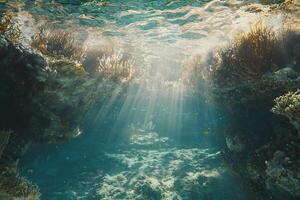 Serene Underwater Scene with Sunlight Rays Piercing Through Tranquil Marine Ecosystem photo