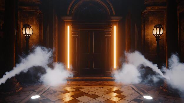 Mysterious Hallway with Moody Lighting and Ethereal Smoke photo