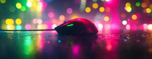Vibrant Wireless Mouse on Colorful Lit Desk photo