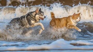 Two Playful Predators Racing Across Icy Landscape Feline and Canine Competitors Chasing and Leaping in Snowy Wilderness photo