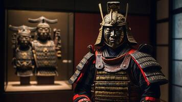 A samurai in armor standing in front of a display photo