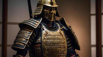 A samurai in armor standing in front of a wall photo