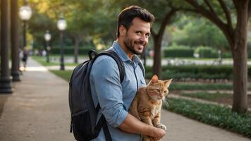 A man with a backpack holding a cat photo