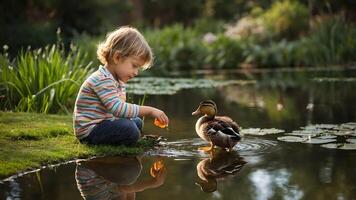 A young child is playing with a duck in a pond photo