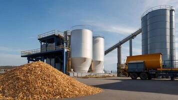A large pile of wood is sitting in front of a cement plant photo
