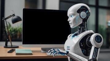A robot sitting at a desk with a computer photo