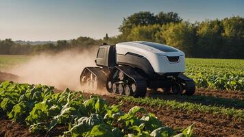 A tractor is driving through a field harvesting crops photo
