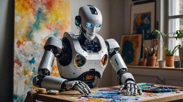 A robot is sitting at a table with paint on it photo