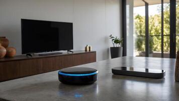 An amazon echo dot sitting on a table next to a television photo