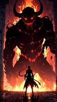 An anime demon standing in front of a door with flames coming out of it photo
