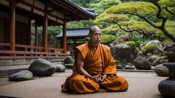 A monk sitting in meditation in front of a stone wall photo