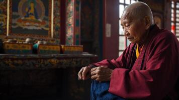 An old monk sitting in a room with a buddhist statue photo