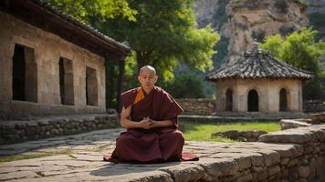 A monk sitting on the ground in front of a building photo