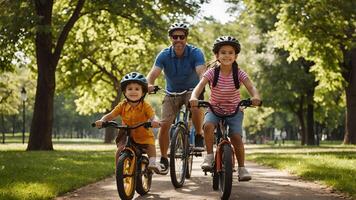 A family riding bikes in a park photo