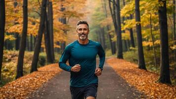 A man running in the forest in the fall photo