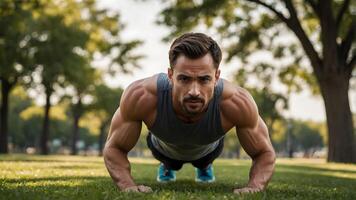 A man is doing push ups on the grass photo